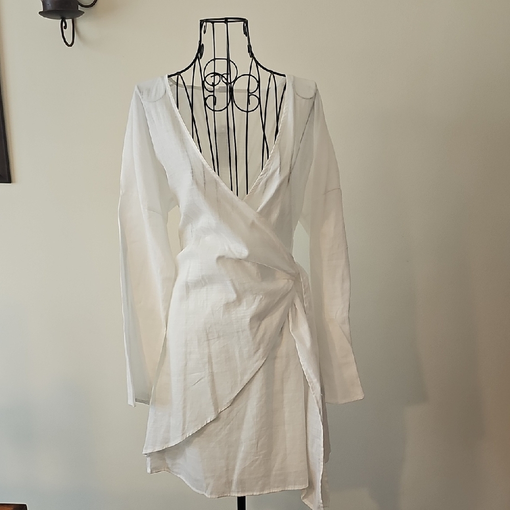 White Wrap-Front Long Sleeve Dress